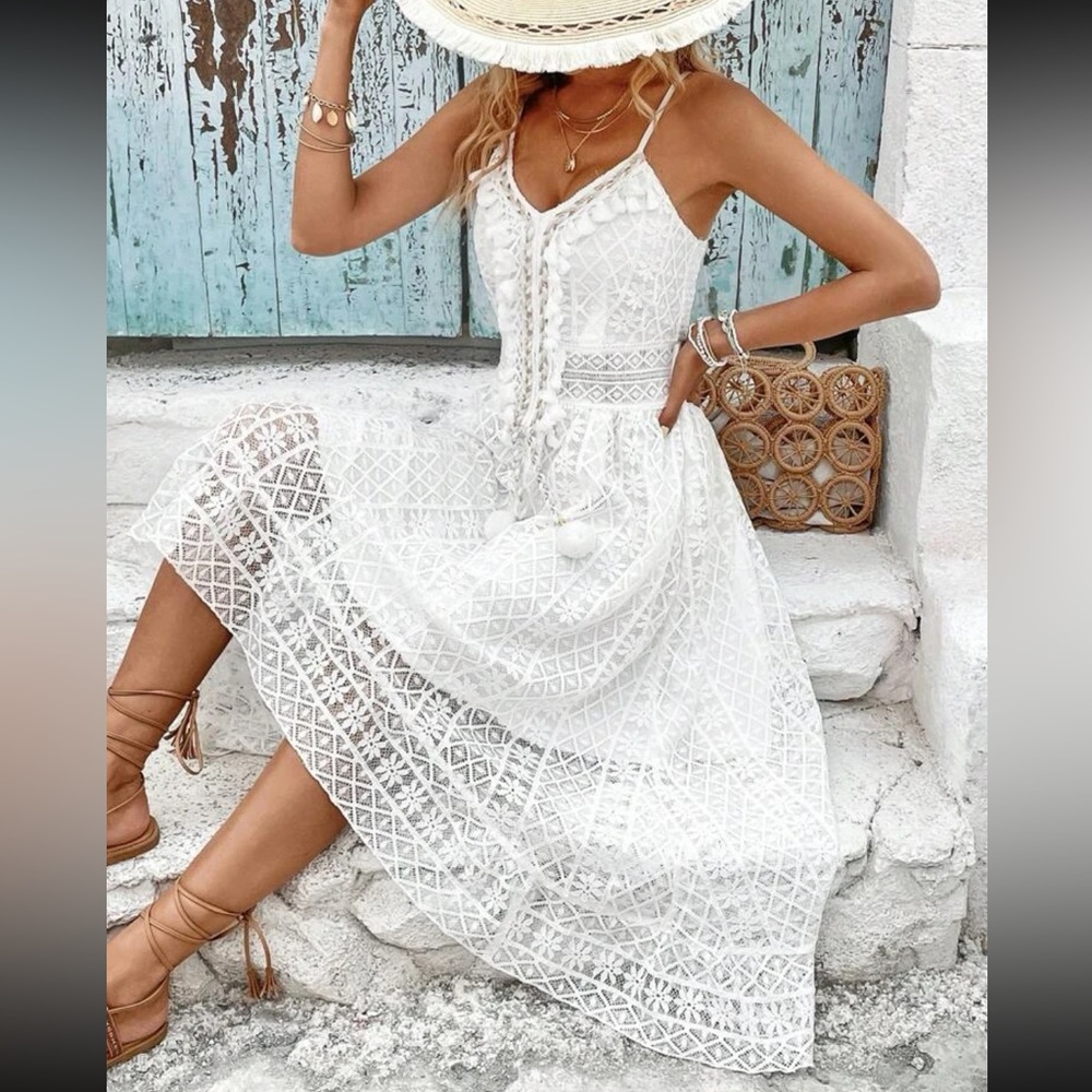 White Guipure Sheer Mesh Lace Tassel Cami Dress Boho - Picture 3 of 6